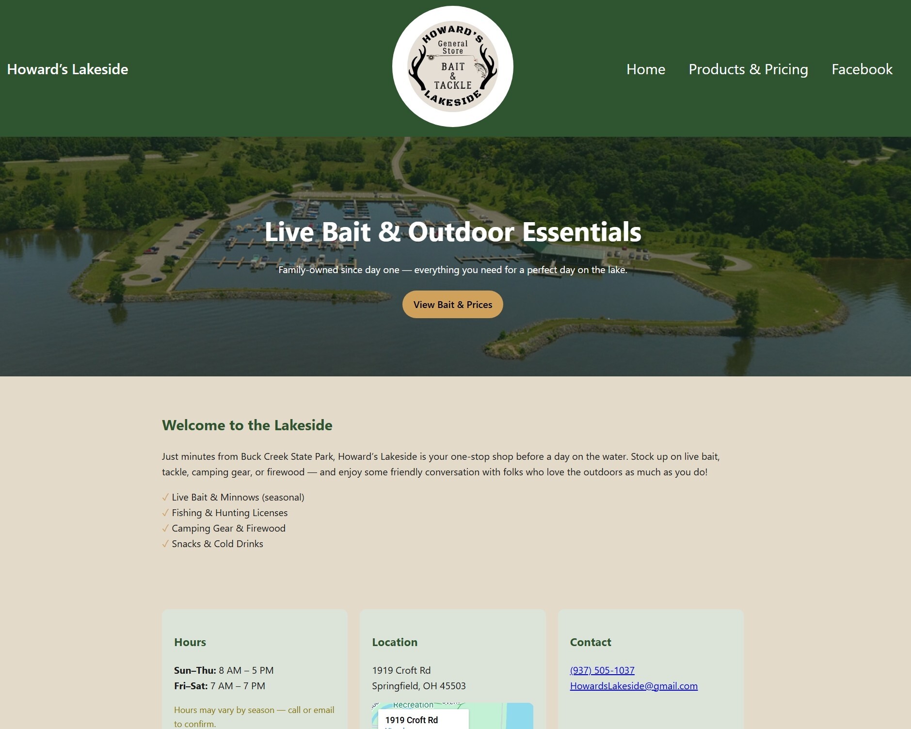 Screenshot of the Live Bait Shop website with fishing and lake-themed colors.