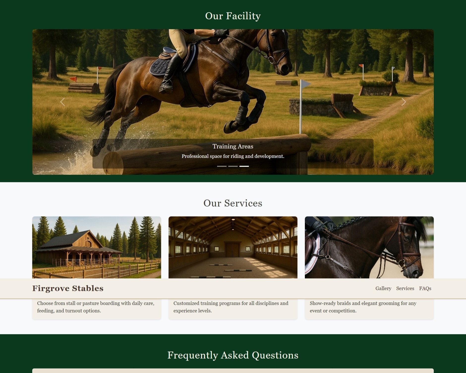 Screenshot of Firgrove Stables equine-themed website design.