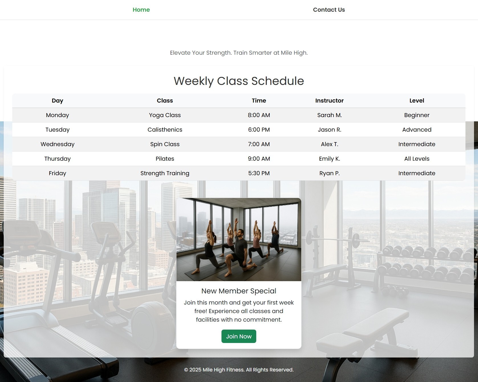 Screenshot of Mile High Fitness project, featuring a modern gym design.